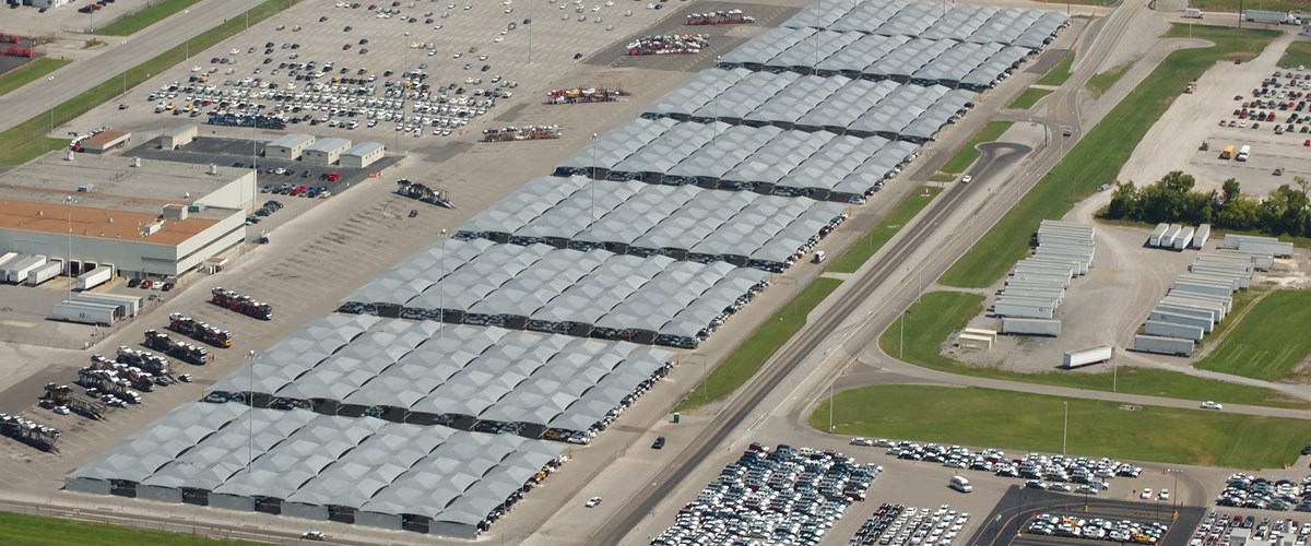 Auto assembly plant in Central United States drone view at an angle thumbnail