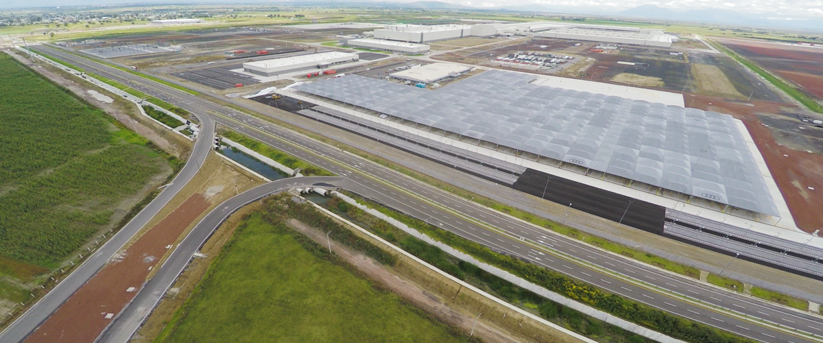 top view of shaded auto assembly plant