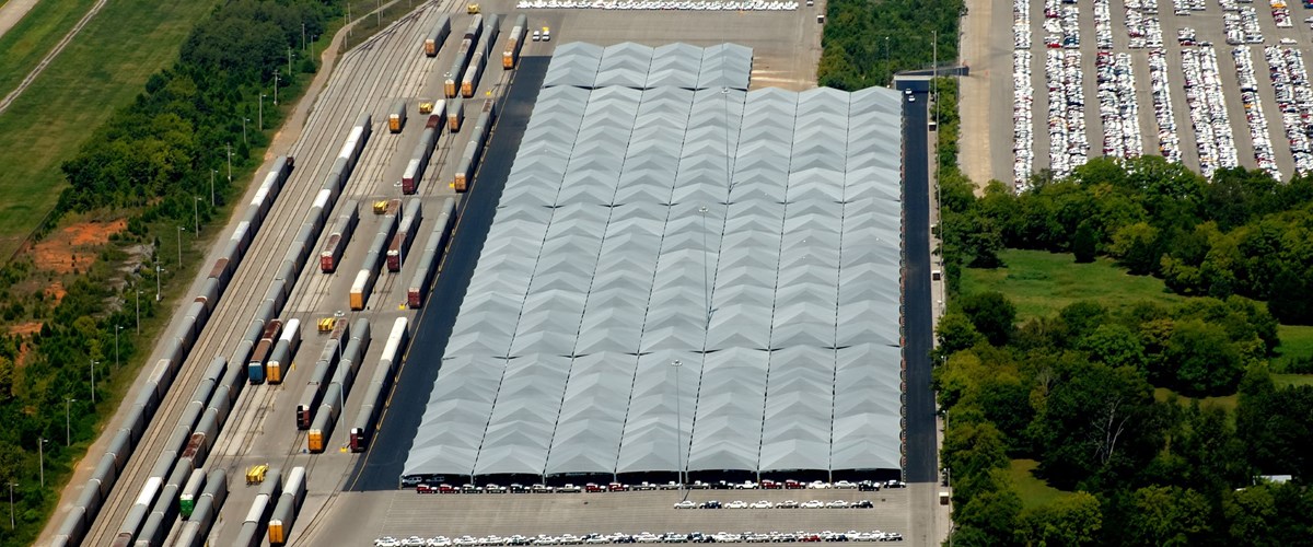 Aerial view of Nissan parking structure during the day